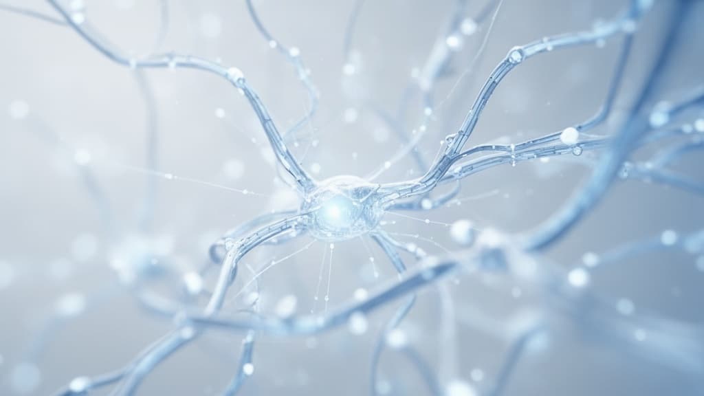 Abstração neural em tons de azul e branco representando caminhos cognitivos limpos e foco mental