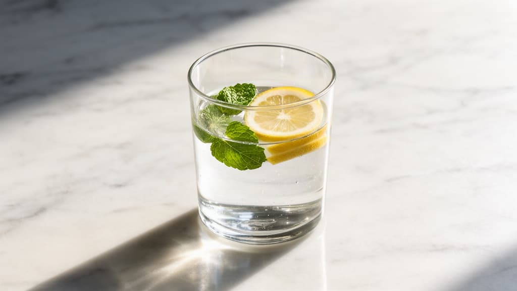 Vaso transparente com água, rodelas de limão e folhas de hortelã sobre uma superfície de mármore claro, com iluminação suave e sombras delicadas, simbolizando hidratação e clareza mental.