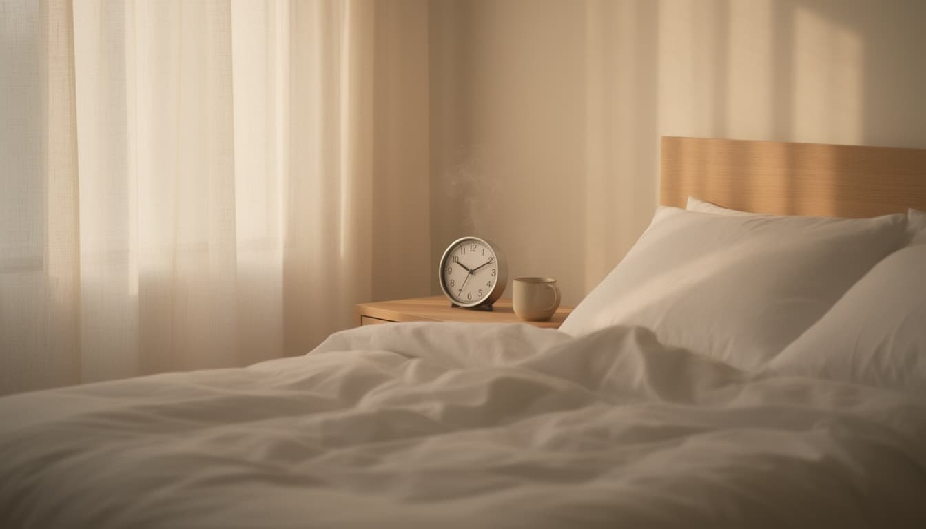 Quarto minimalista com luz da manhã, cama com lençóis brancos e despertador de mesa indicando horário regular.