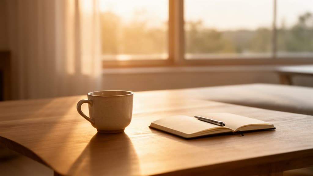 Um ambiente doméstico minimalista e sereno banhado pela luz dourada da manhã, com uma xícara de chá e um caderno sobre uma mesa de madeira, simbolizando o início do dia com clareza mental.