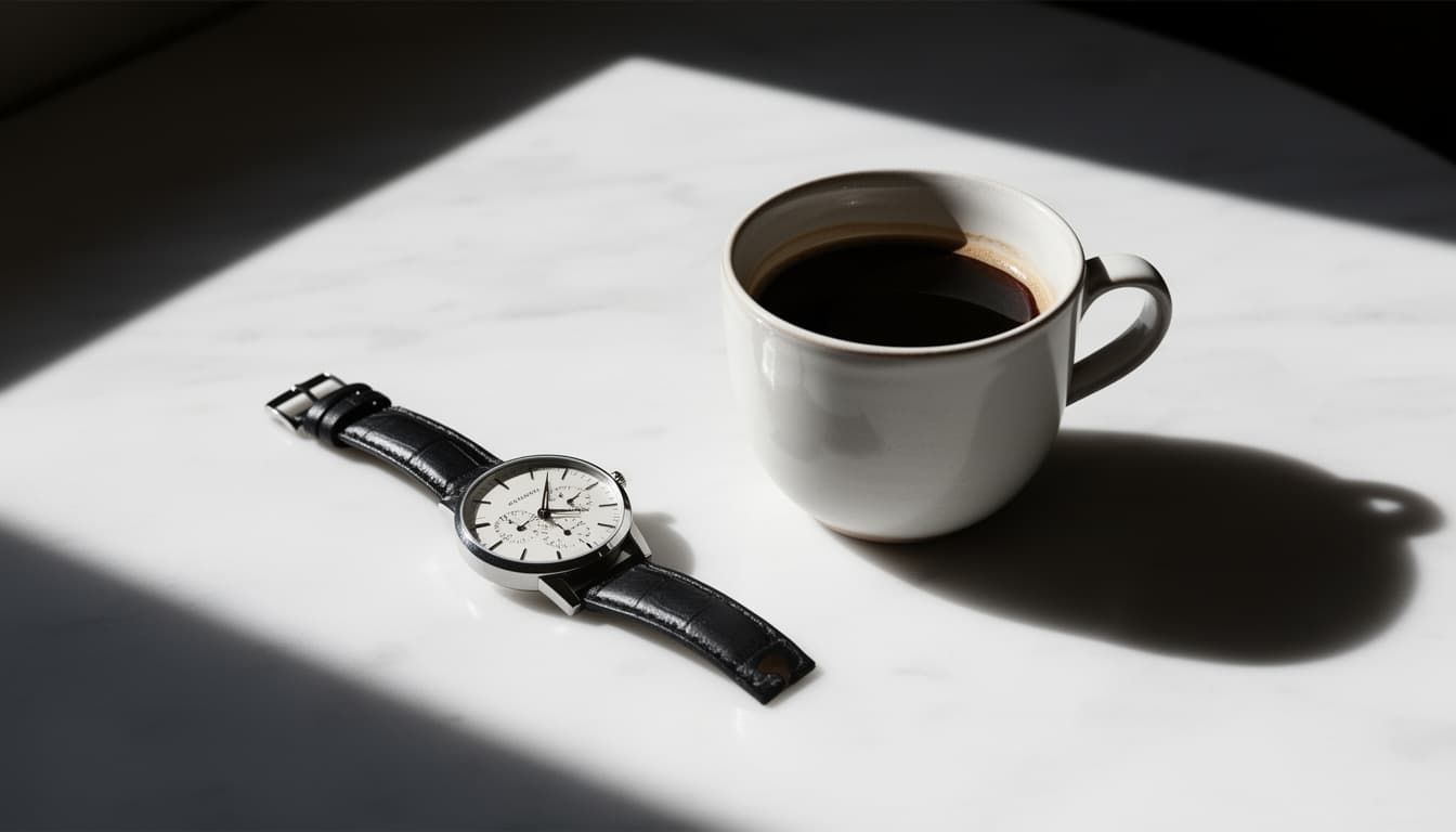 Relogio analogico e xicara de cafe em superficie clara com sombras definidas