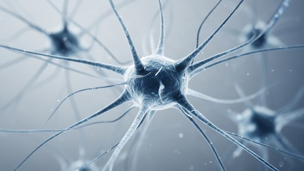Foto macro de sinapses neurais abstratas e caminhos cognitivos em tons de azul frio e branco, representando a arquitetura do foco cerebral.