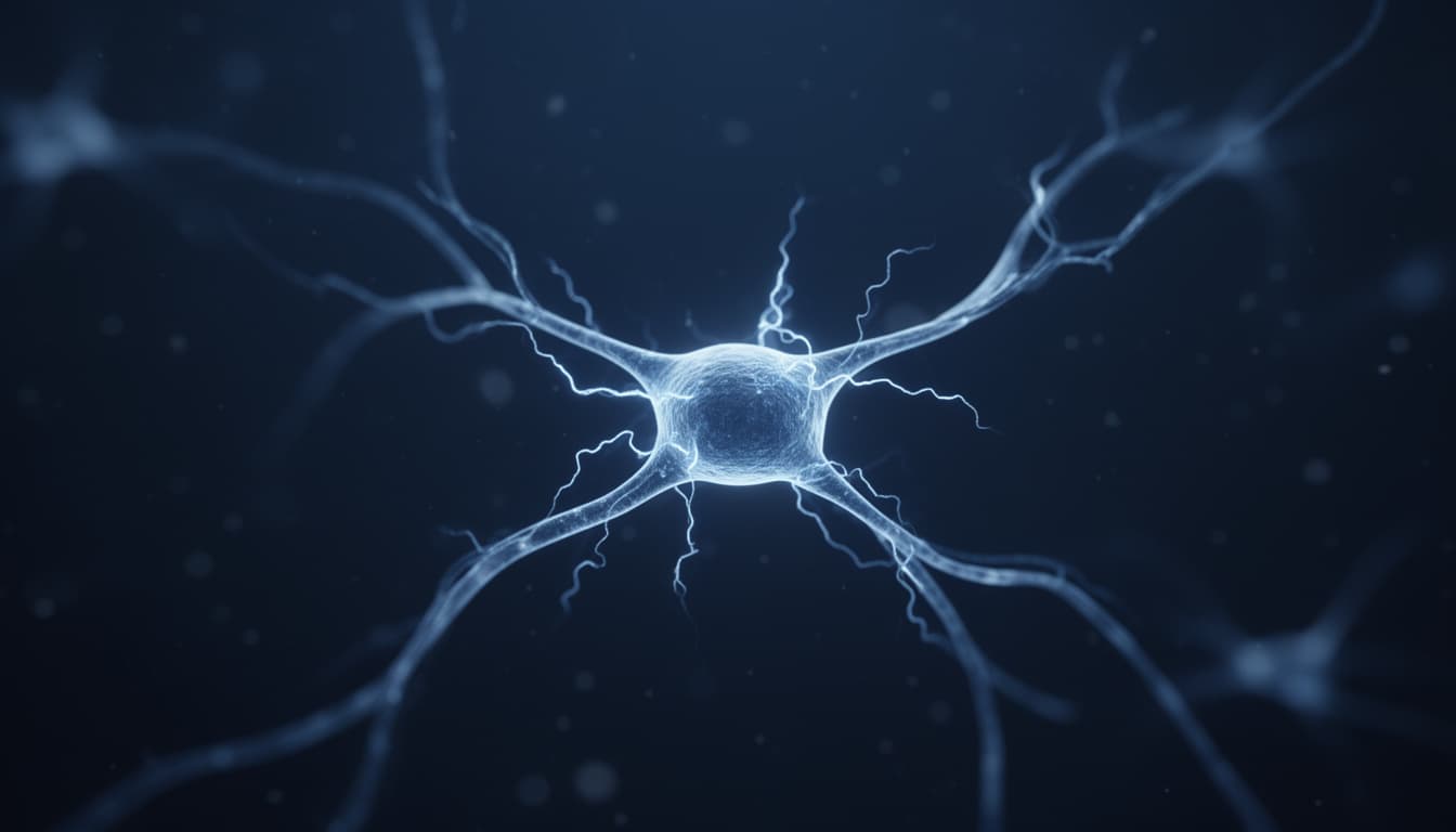 Macrofotografia de uma sinapse neural iluminada em azul frio, representando a ativação atencional pela novidade.