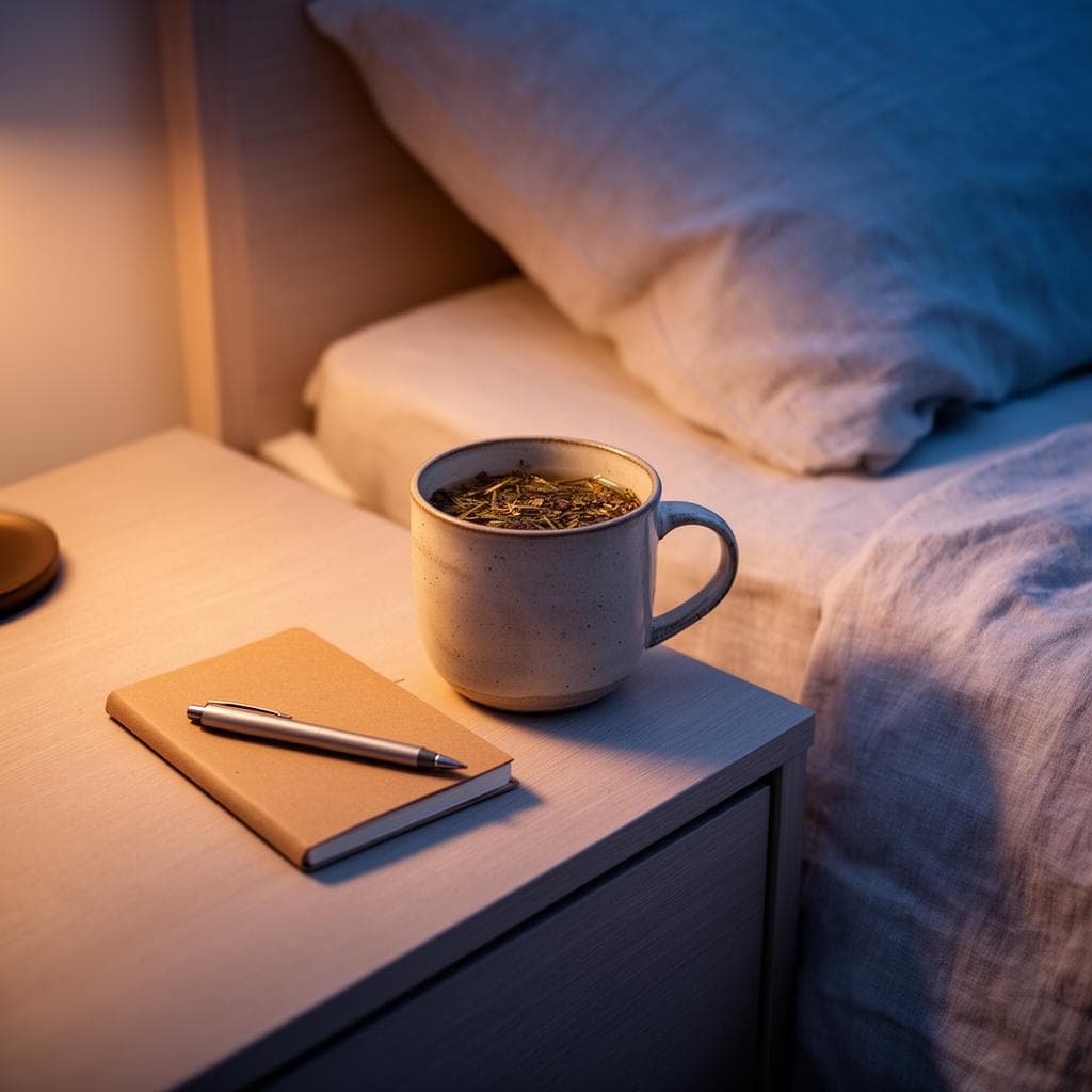Mesa de cabeceira em aposento minimalista ao entardecer, com caderno fechado, caneta e caneca de chá sobre lençóis de linho, em luz suave dourada